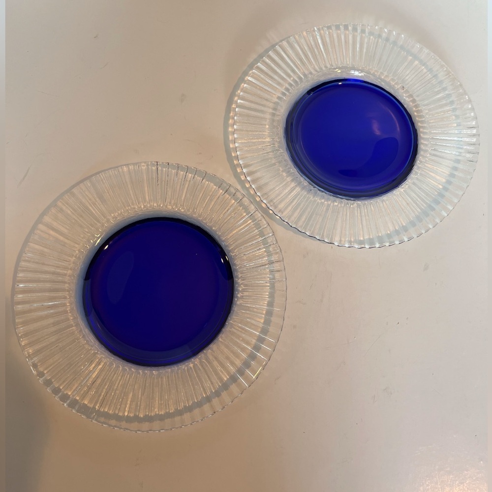 Vintage Pier 1 Ribbed Glass Plates with Cobalt Center